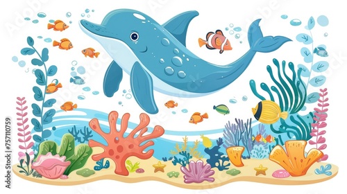 Vibrant Marine Life. Healthy Coral Reefs  Dolphins  and Tropical Fish in Crystal Clear Waters under the Warm Sunlight. Illustrated in a Children Book Style.