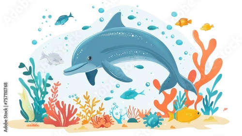 Vibrant Marine Life. Healthy Coral Reefs  Dolphins  and Tropical Fish in Crystal Clear Waters under the Warm Sunlight. Illustrated in a Children Book Style.