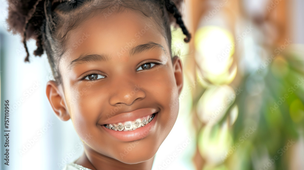 close up portrait of African american Girl with Dental Braces smiling at the camera close up portrait of African american Girl with Dental Braces smiling at the camera