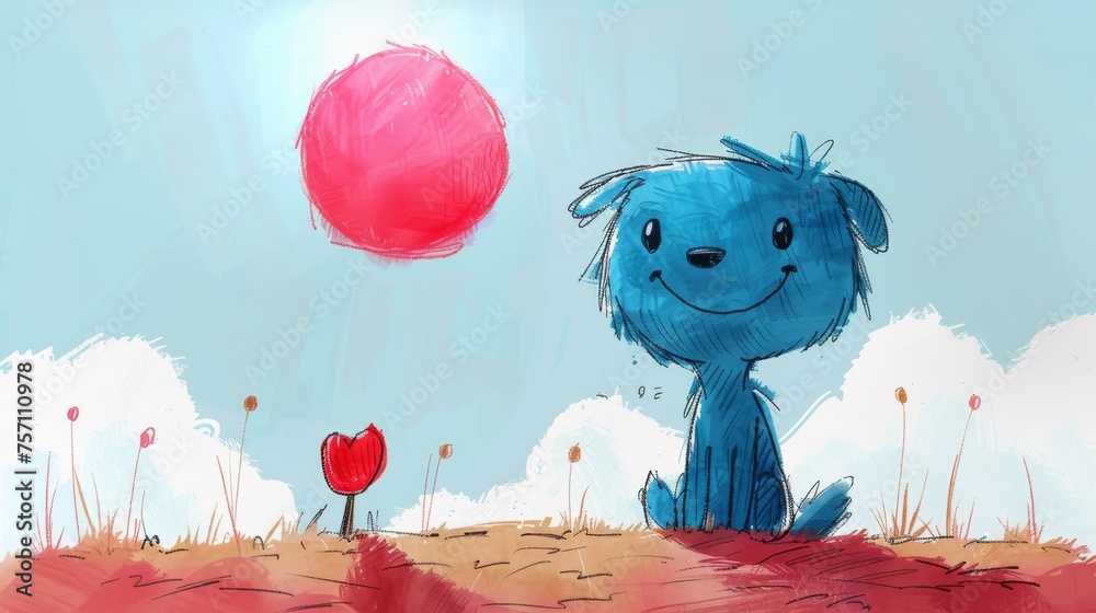 a drawing of a blue dog sitting in a field with a red balloon in the sky above it and a red flower in the foreground.