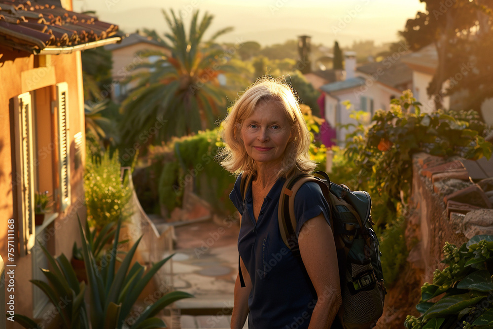 Happy senior woman in casual wear with backpack travels along a bright colorful narrow Italian street. Travel concept. Happy senior woman in casual wear with backpack travels along a bright colorful narrow Italian street. Travel concept.