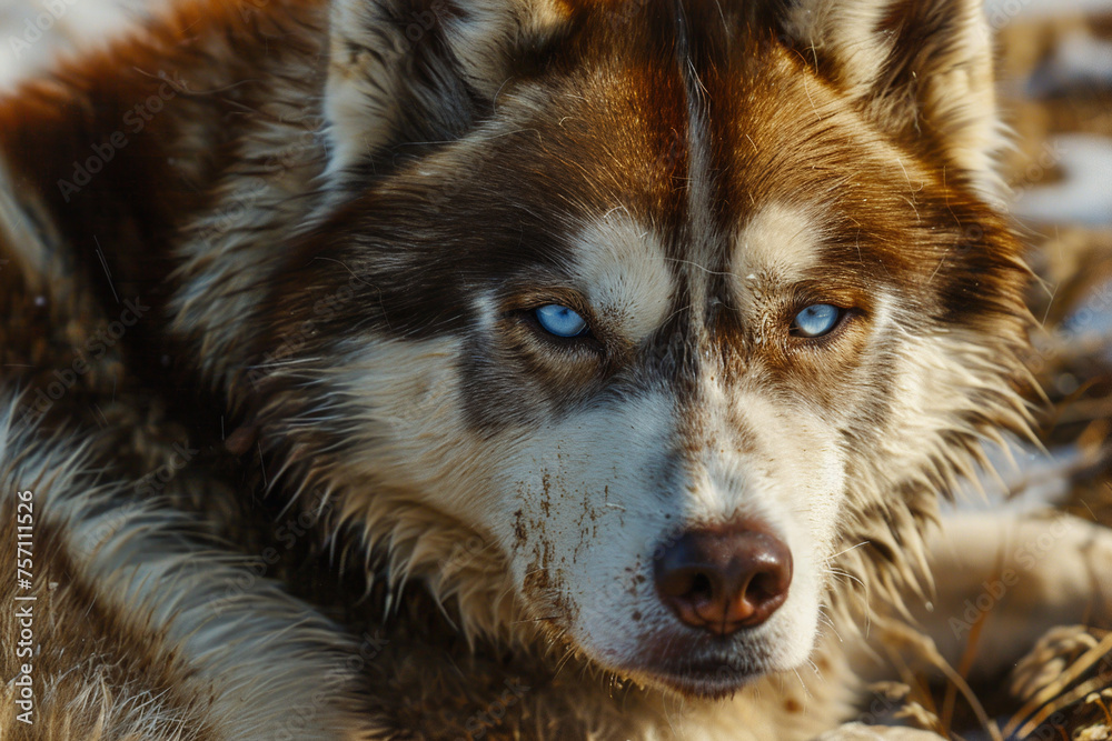 Close up portrait of brown white siberian husky with blue eyes.
