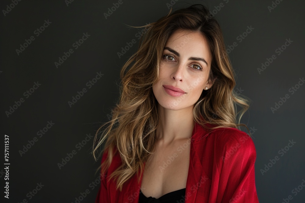 A woman with long brown hair and a red jacket is smiling for the camera A woman with long brown hair and a red jacket is smiling for the camera