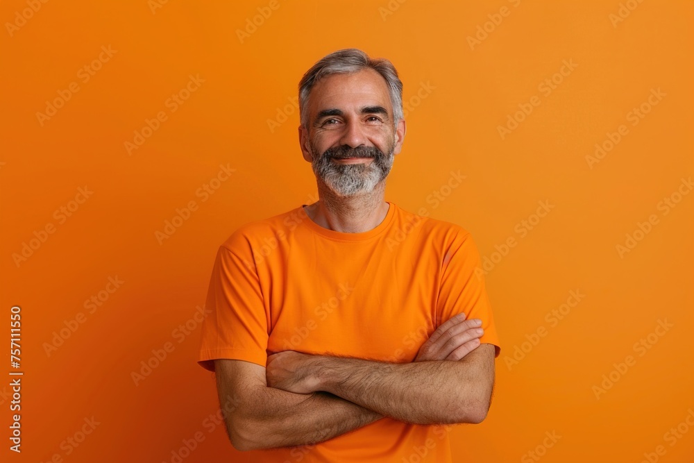 A man in an orange shirt is smiling and looking at the camera A man in an orange shirt is smiling and looking at the camera