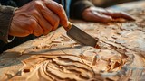 Sculptor hand working with wood carving with chisel making sculpture.