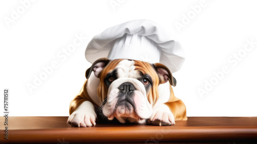 English bulldog in white chef's hat at wooden kitchen table on white background. Banner with space for text. Concept for pet store, dog food, balanced nutrition, pet care, premium food © LivaLife