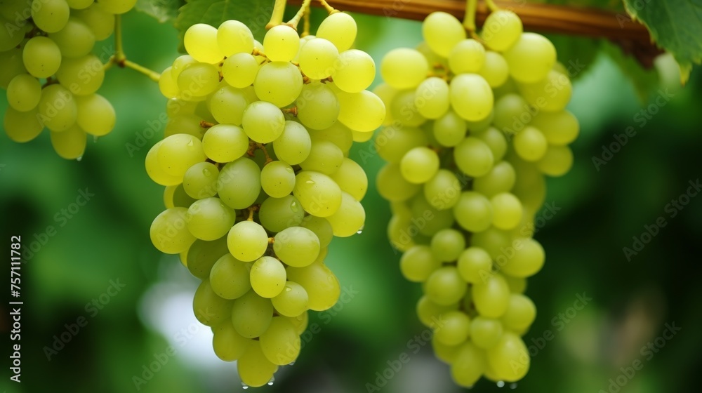 Detailed view of fresh green grapes hanging on vine in beautiful vineyard setting