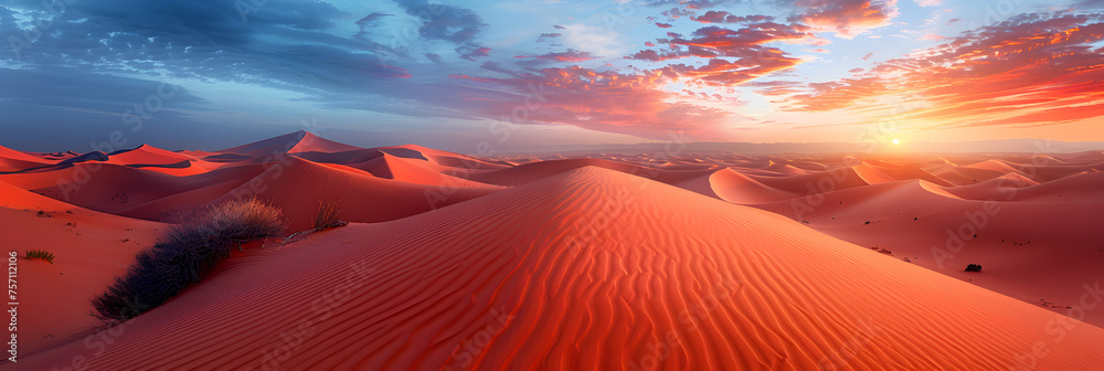 Sand dunes from Sahara desert at sunset in Morocco,
Stunning Aerial Shot of Desert Landscape at Sunset Perfect for Stock Image - obrazy, fototapety, plakaty 