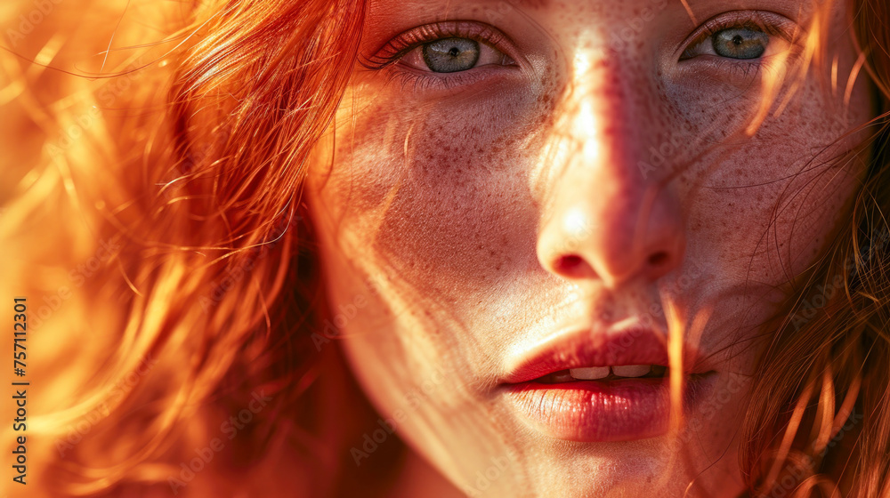 A mesmerizing portrait capturing the unique allure of a young woman, with ginger hair and beautifully freckled skin, rendered in exquisite detail