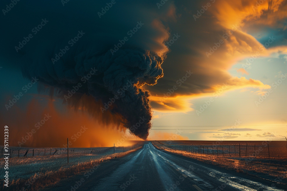 A large tornado on a road, dark dramatic sky. Natural disaster.