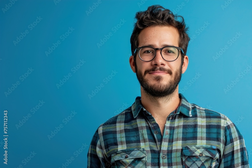 A man with glasses and a beard is smiling at the camera A man with glasses and a beard is smiling at the camera
