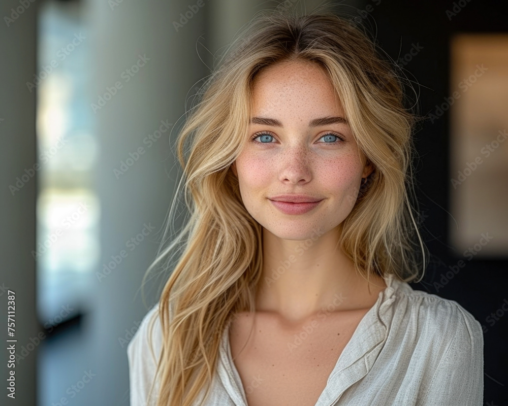 A delightful studio shot capturing the genuine happiness of a casually dressed young woman, beaming with a bright smile as she looks contentedly at the camera A delightful studio shot capturing the genuine happiness of a casually dressed young woman, beaming with a bright smile as she looks contentedly at the camera