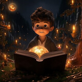 3d rendered child reading a book at night made with generative AI