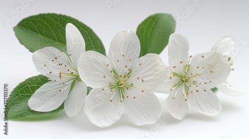 a group of white flowers with green leaves on a white surface with a light reflection in the middle of the image. © Nadia