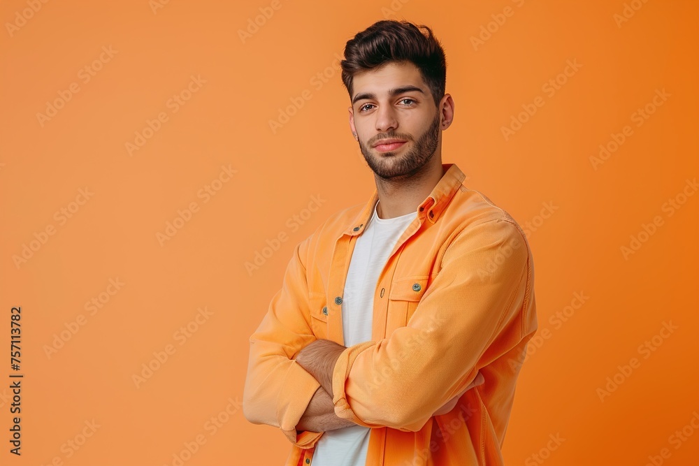 A man in an orange shirt is standing in front of a yellow wall A man in an orange shirt is standing in front of a yellow wall