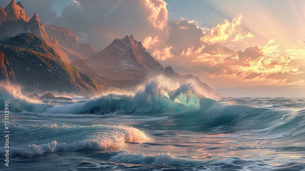 Landscape of ocean with cliff rocks hit by big waves at sunset - obrazy, fototapety, plakaty 