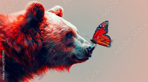 a close up of a bear with a butterfly on it's nose and a butterfly on it's nose. photo