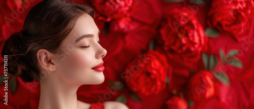a close up of a woman with romantic red background and peony flowers theme.Generative AI © ZzGooggiigz