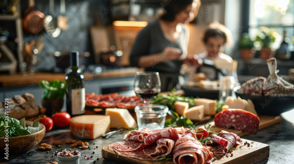 ham, cheese, cured meat, legumes and wines in kitchen with a family of four enjoying in the background.Generative AI