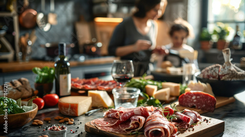 ham, cheese, cured meat, legumes and wines in kitchen with a family of four enjoying in the background.Generative AI