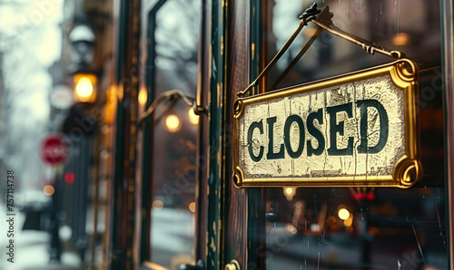 Elegant CLOSED sign hanging on the door of a shop, reflecting the end of business hours or temporary closure in a quaint urban street setting