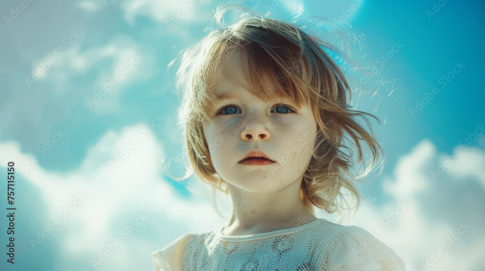 Charming Young Girl with Freckles and Blue Eyes Against a Clear Blue Sky with Clouds - Child Portrait Stock Photo Charming Young Girl with Freckles and Blue Eyes Against a Clear Blue Sky with Clouds - Child Portrait Stock Photo