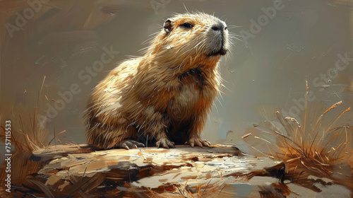 a painting of a groundhog sitting on top of a rock looking up at the sky with his eyes closed. photo