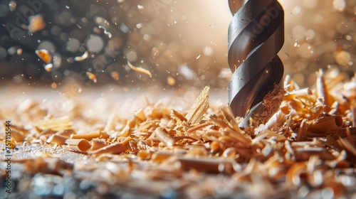 Close up shot of steel drill with wood chippings flying off. Sawdust flies off a spinning drill boring a hole into a wooden board. Woodwork background with free space for text photo