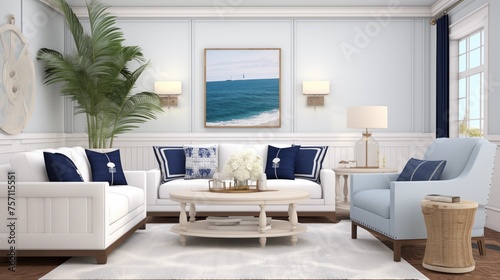 Design a coastal-inspired living room with a mix of blues and whites