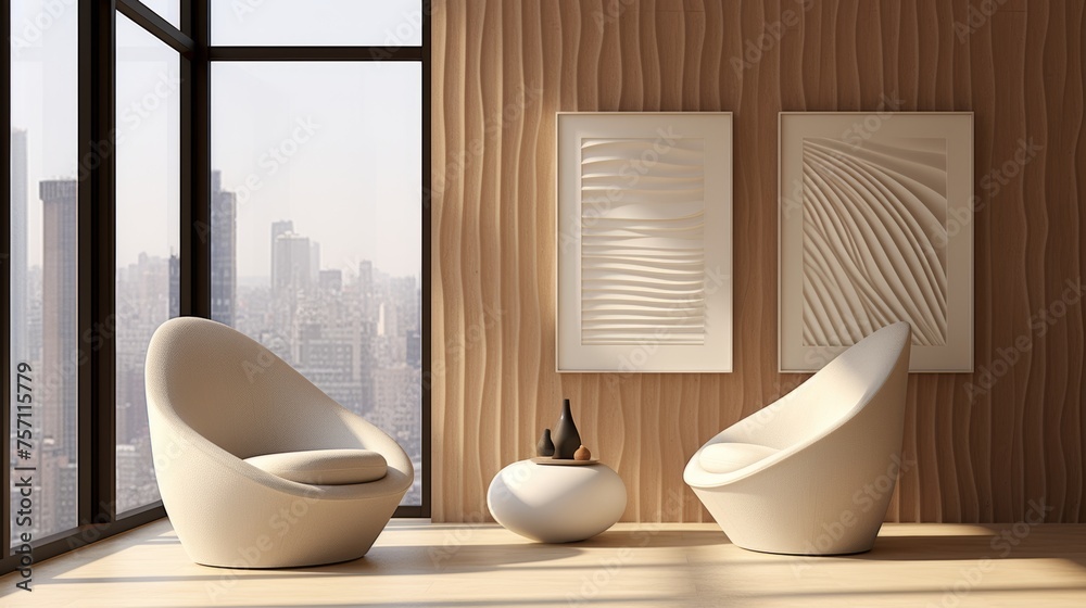 Contemporary minimalist room with artistic hand drawn abstract lines and shapes on walls
