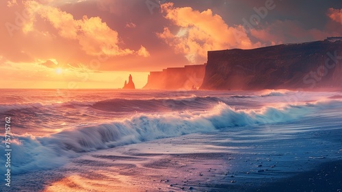 Panoramic seascape at sunrise with waves crashing in cliff rocks