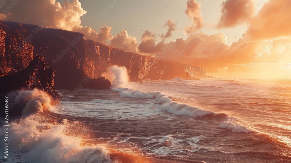 Panoramic seascape at sunrise with waves crashing in cliff rocks - obrazy, fototapety, plakaty 