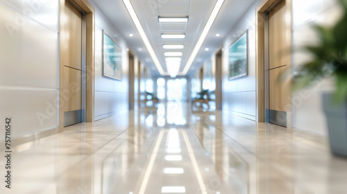 Contemporary office or hospital corridor with a minimalist design, emphasizing spaciousness and modernity