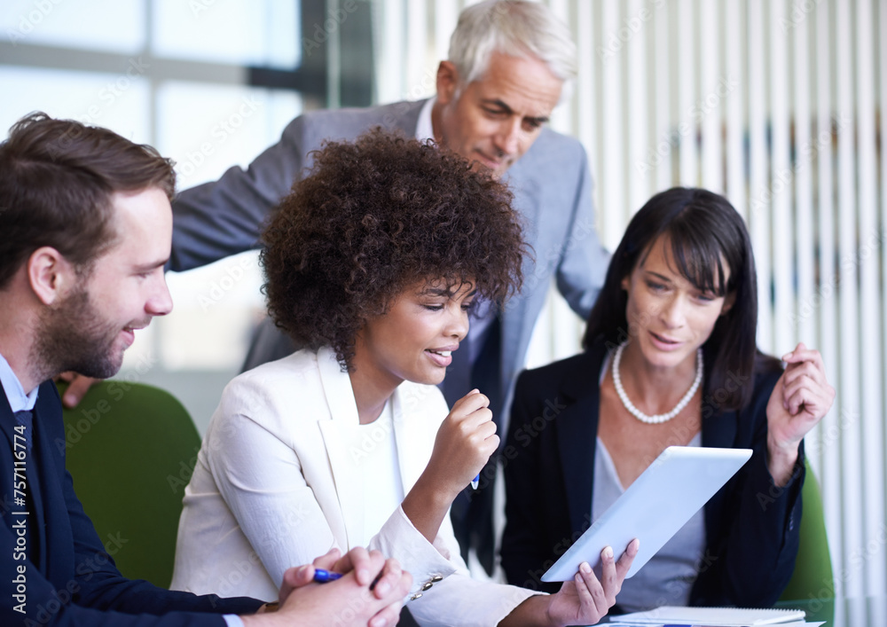 Group, tablet and business people research, discussion and brainstorming online strategy in office. Collaboration, technology and diverse team planning project, CEO or consultants in meeting together