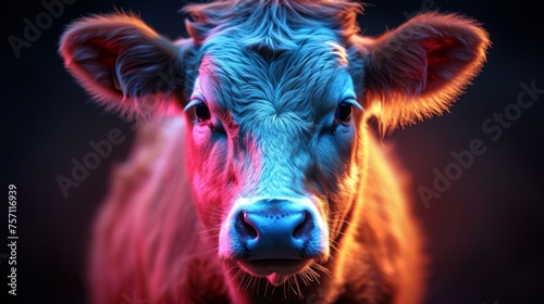 a close up of a cow's face with a red and blue light shining on it's face. © Nadia