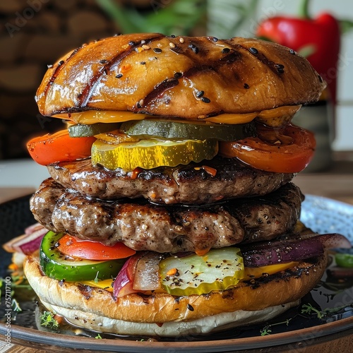 Double layered beef burger with fresh vegetables 