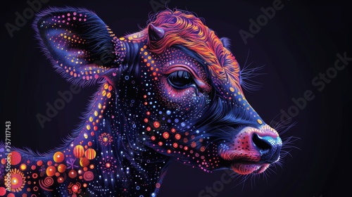 a painting of a cow with a lot of dots on it's face and it's eyes open.