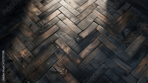 old wooden floorboards arranged in a fishbone pattern from a top-down perspective, featuring a seamless texture under flat lighting. photo