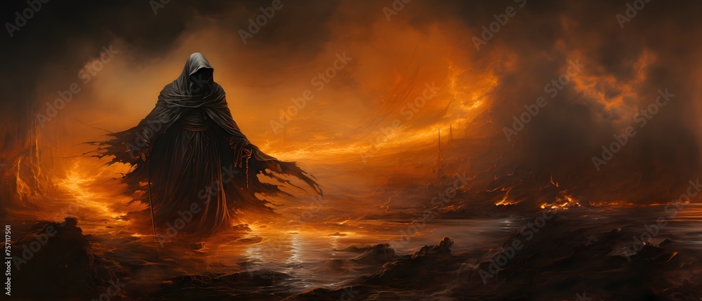 Halloween concept art of the grim Reaper wearing black robes, standing in an apocalyptic landscape with rivers and flames all around him