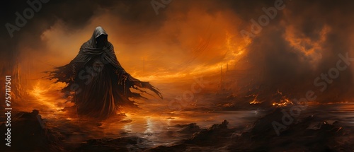 Halloween concept art of the grim Reaper wearing black robes, standing in an apocalyptic landscape with rivers and flames all around him photo