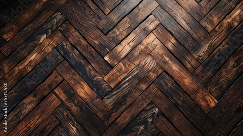 old wooden floorboards arranged in a fishbone pattern from a top-down perspective, featuring a seamless texture under flat lighting.