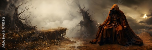 A fantasy medieval sorcerer in a brown robe is sitting on the road, behind him there is an old dead forest and foggy sky, Halloween concept art photo