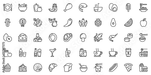 Line icons about food and drink as fruits, vegetables, meat, seafood, carbohydrates, nuts, dairy products and beverages. Editable stroke and pixel perfect.