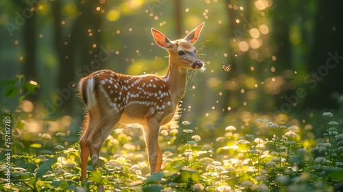 a small deer standing in the middle of a forest with dew on it's face and a blurry background.