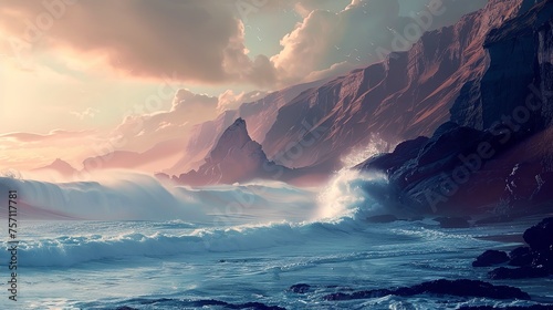 Ocean shore at sunrise with dramatic sky and big waves crashing into