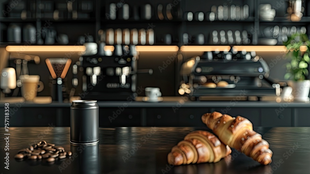 a can of coffee served alongside a freshly baked croissant in a sleek black-themed cafe, featuring a tabletop, placement against a backdrop of black bokeh and a coffee machine.