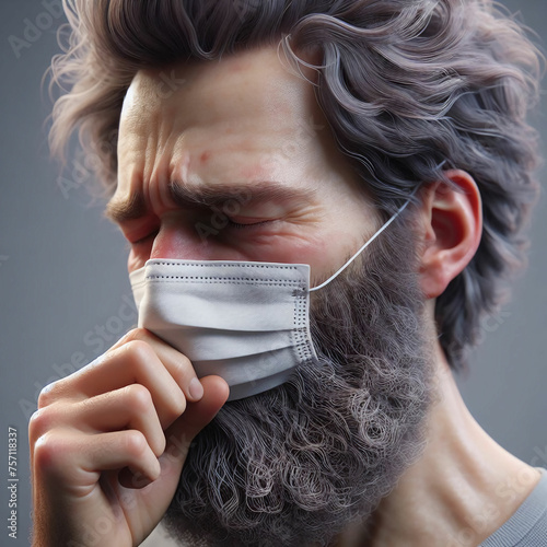 Ein erkälteter Mann mit Maske niest