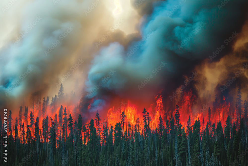 A dense forest fire with billowing smoke and bright red flames engulfing forested areas. Climate change and the threat to forest ecosystems. - obrazy, fototapety, plakaty 