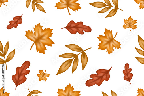 Autumn fall leaves, seamless pattern background with orange maple and oak leaf watercolor wallpaper