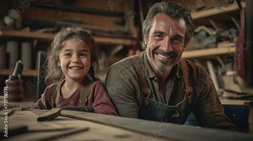 Worker with a child in the workshop. A girl with father on work